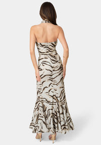 Back View-Printed Halter Flare Maxi Dress-Brown Multi