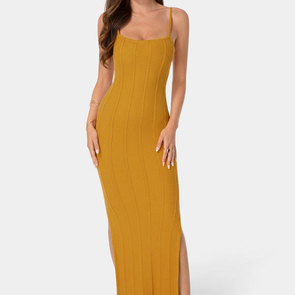 Front View-Knit Square Neck Bodycon Maxi Dress-Yellow