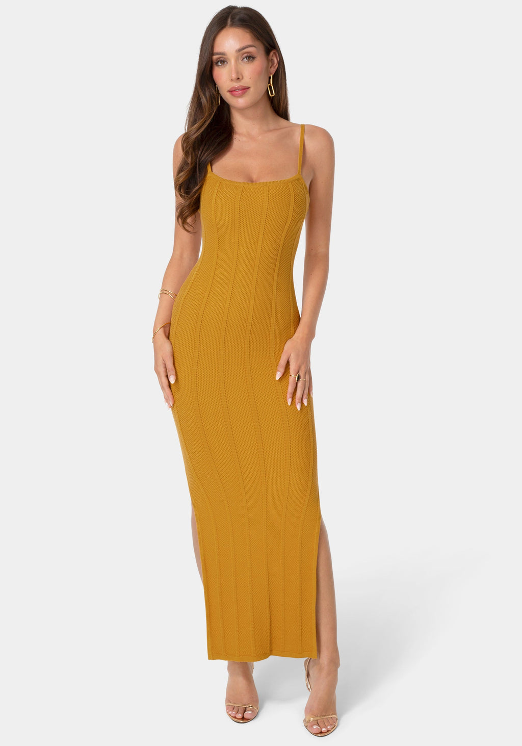 Bebe Women's Ribbed Knit Square Neck Bodycon Side-Slit Maxi Dress