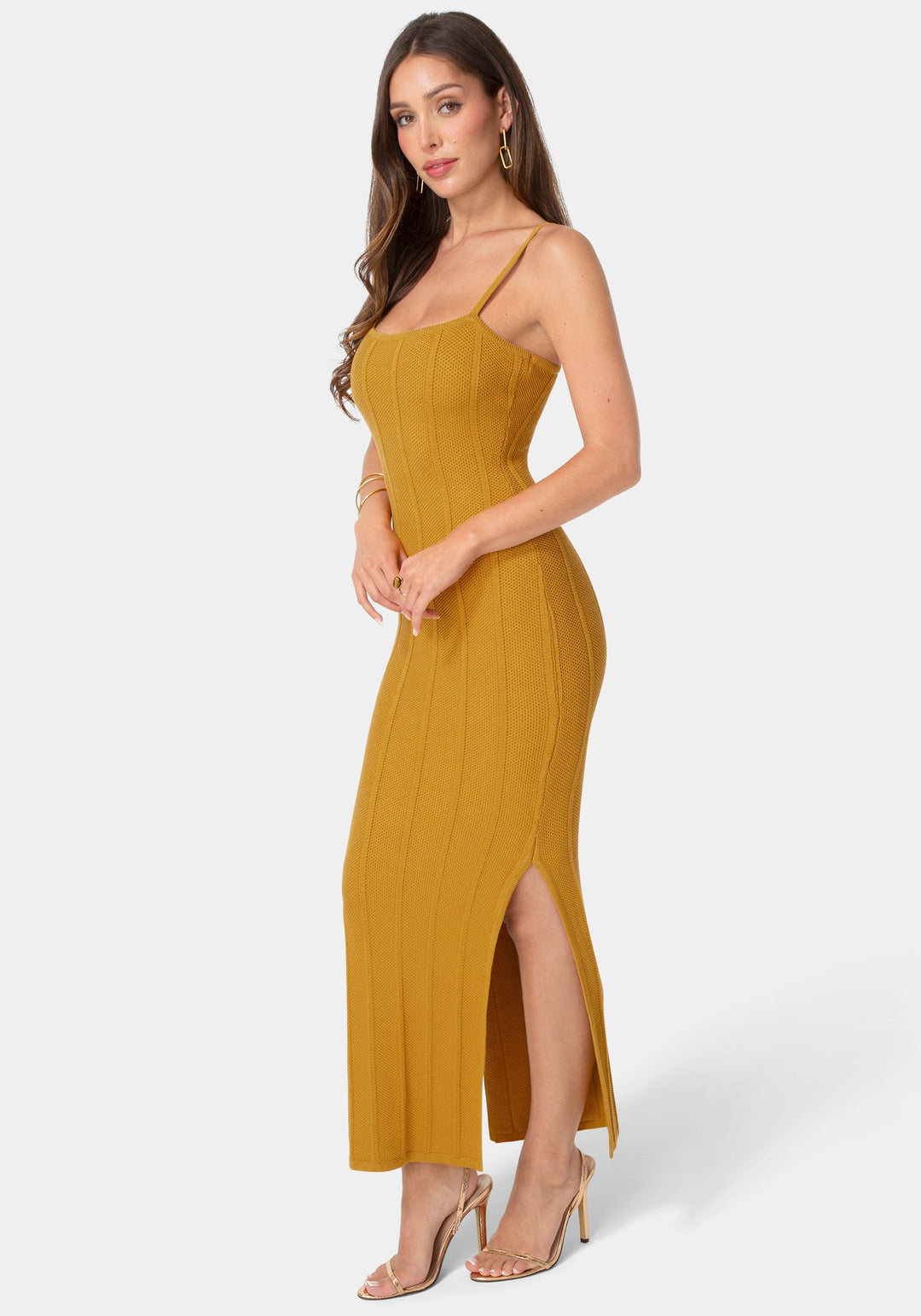 Side View-Knit Square Neck Bodycon Maxi Dress-Yellow