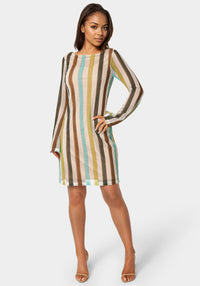 Front View-Striple Long Sleeve Slim Dress-Blue Multi