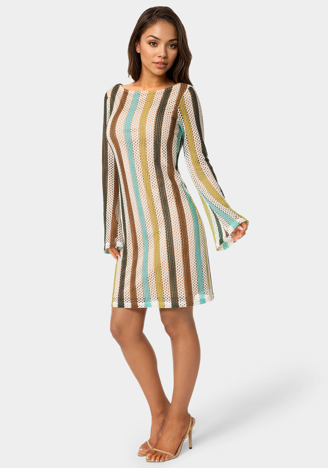 Side View-Striple Long Sleeve Slim Dress-Blue Multi