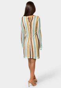 Back View-Striple Long Sleeve Slim Dress-Blue Multi