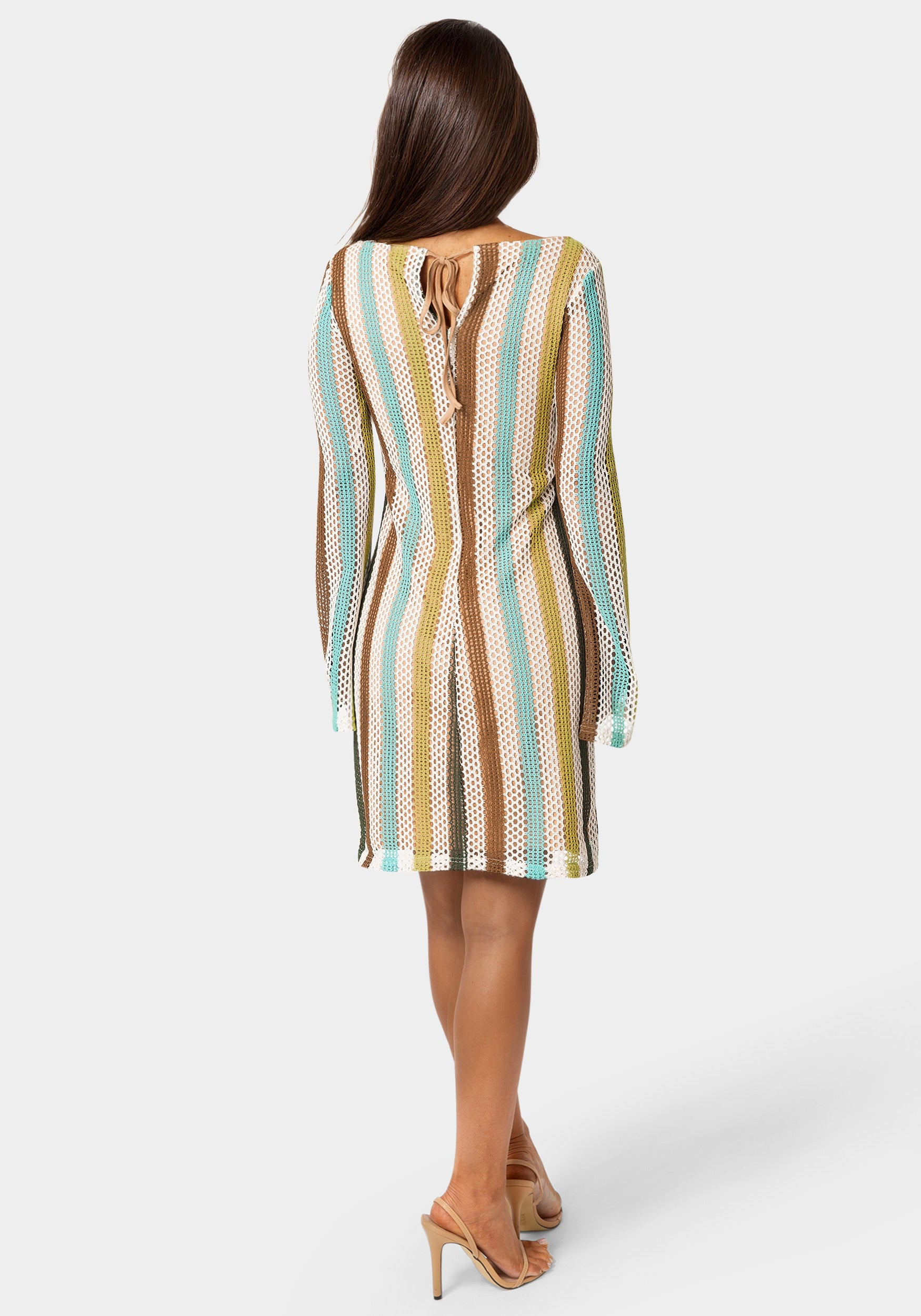 Back View-Striple Long Sleeve Slim Dress-Blue Multi