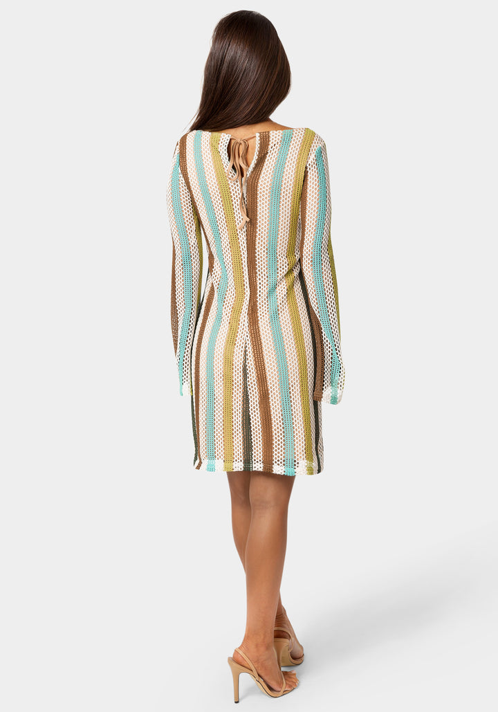 Back View-Striple Long Sleeve Slim Dress-Blue Multi