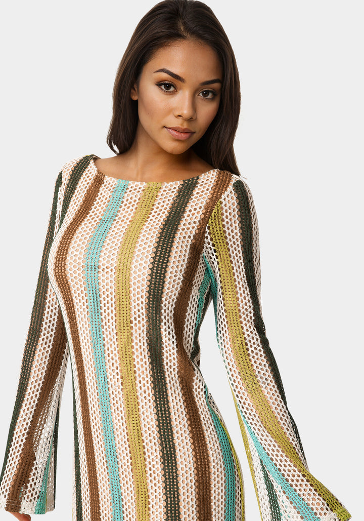 Other View-Striple Long Sleeve Slim Dress-Blue Multi