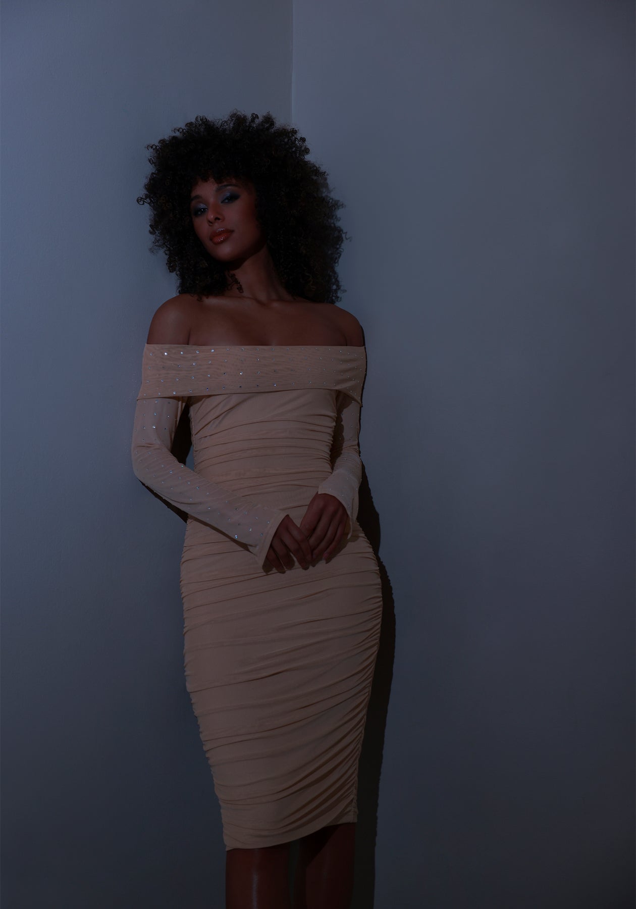 bebe Off Shoulder Mesh Midi Dress Embellished With Crystals by Swarovs bebe Off Shoulder Mesh Midi Dress Embellished With Crystals by Swarovs