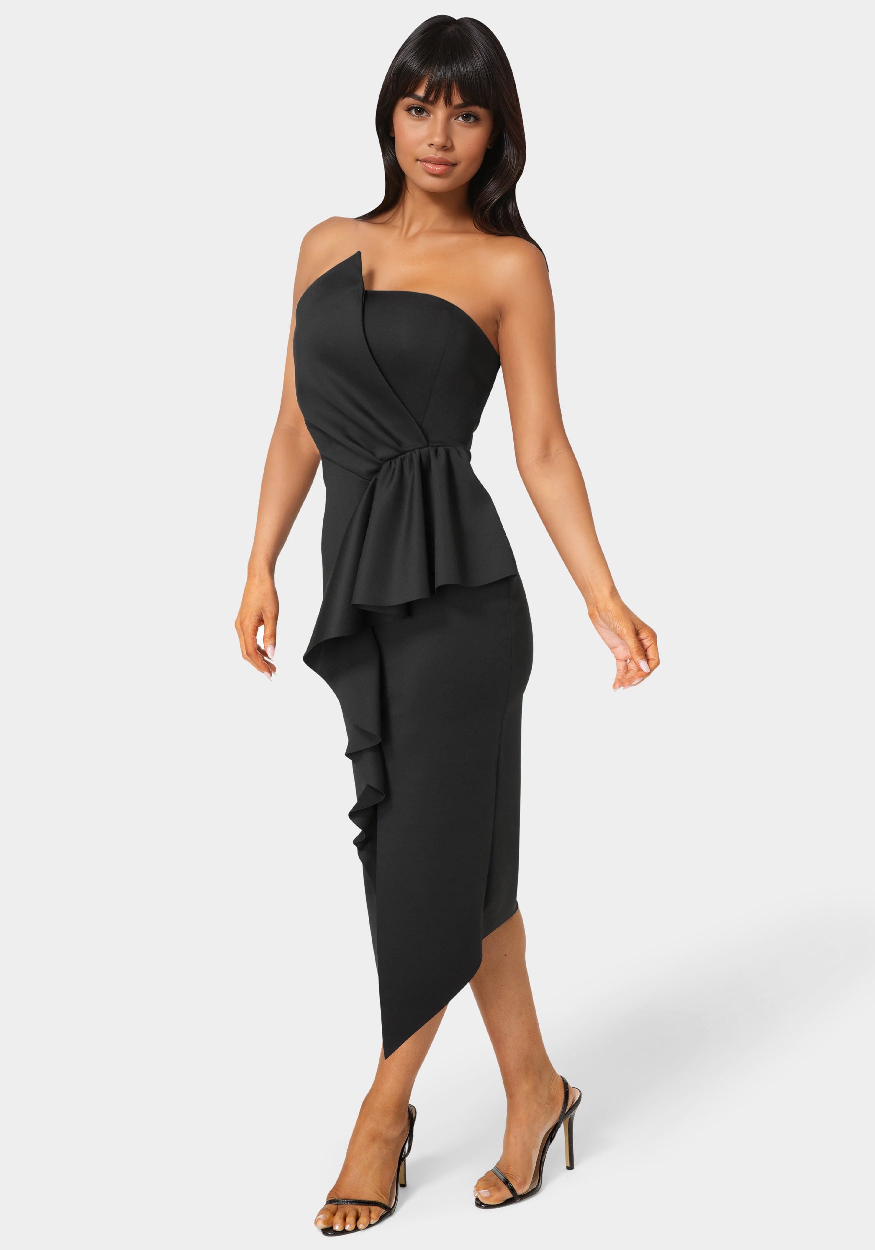 Bebe Women's Strapless Cascade Midi Dress