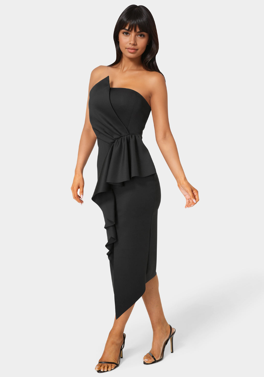 Side View-Strapless Cascade Midi Dress-Black
