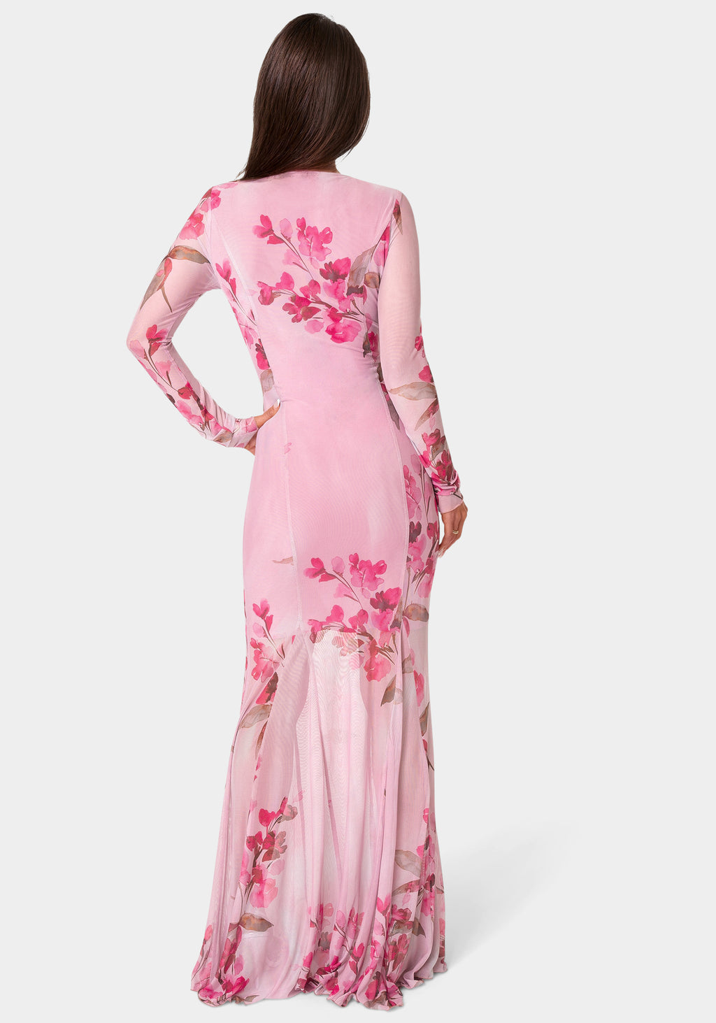 Back View-Long Sleeve Powermesh Dress-PINK MULTI