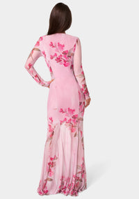 Back View-Long Sleeve Powermesh Dress-PINK MULTI