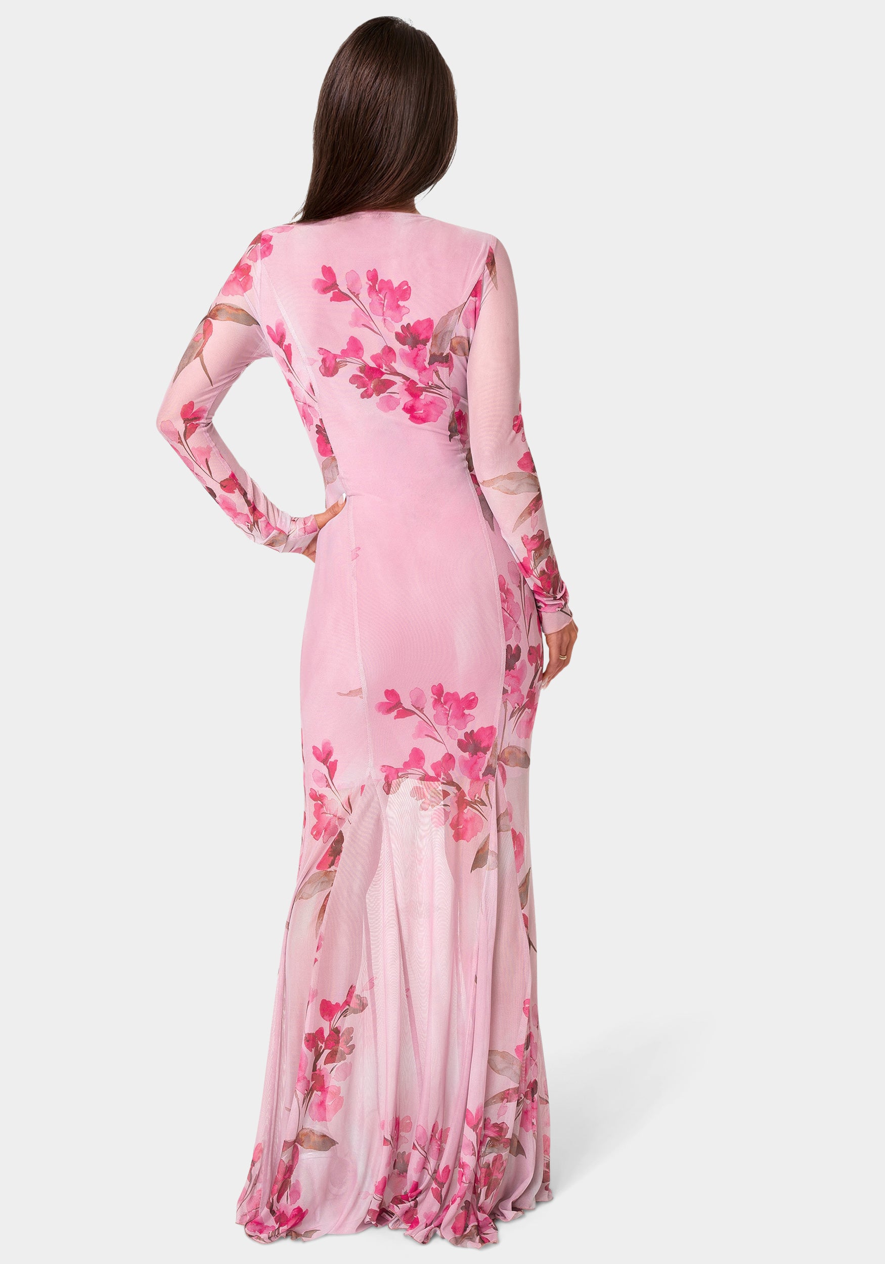 Back View-Long Sleeve Powermesh Dress-PINK MULTI