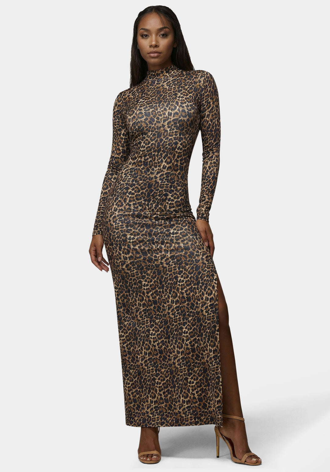 Front View-Open Back Chain Maxi Dress-Leopard