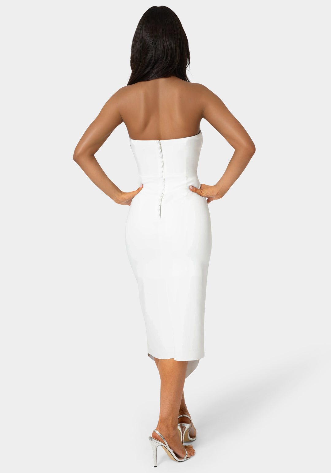 Back View-Strapless Cascade Midi Dress-Ivory