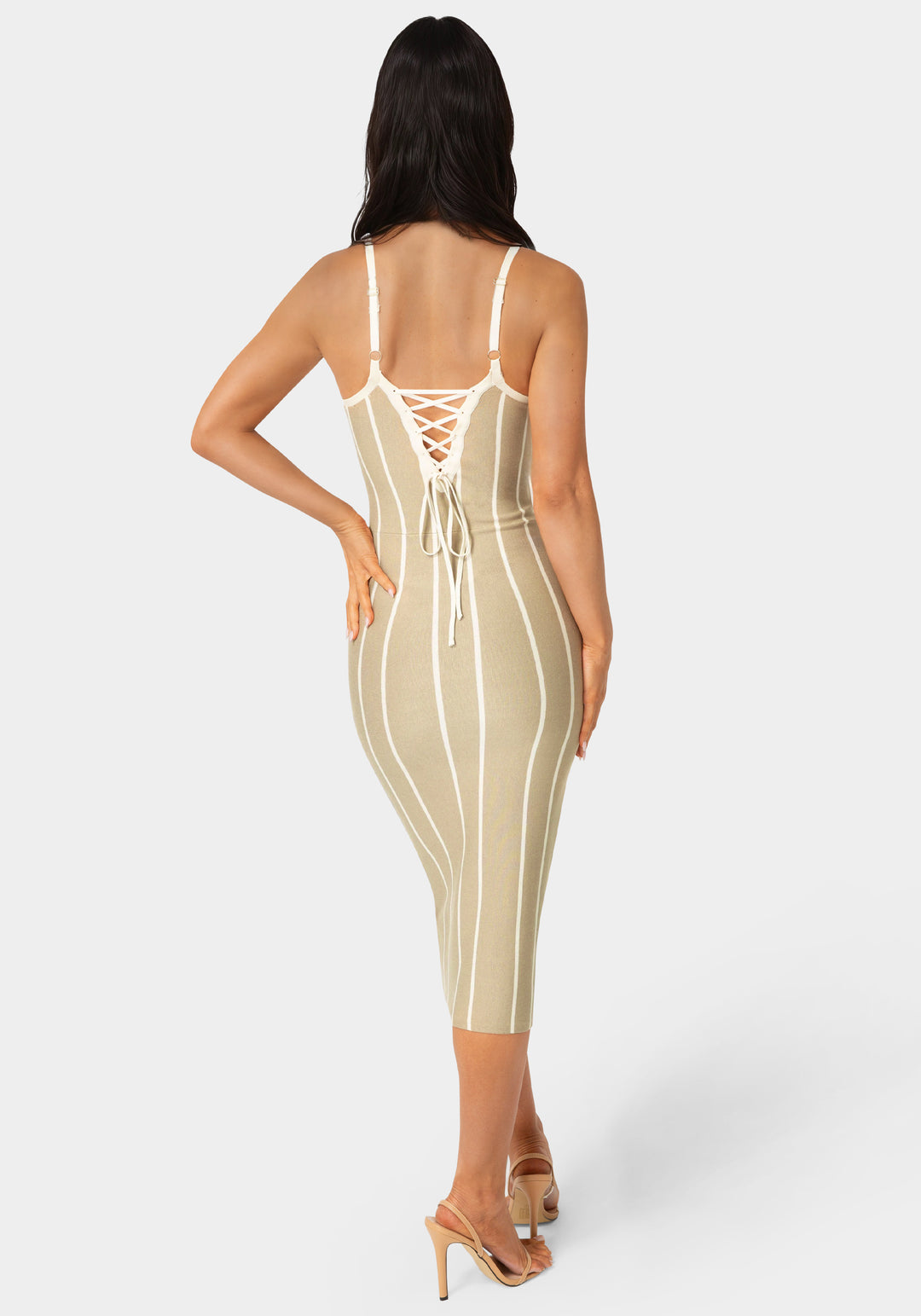 Back View-Striple Knit Bodycon Midi Dress-Sand/White
