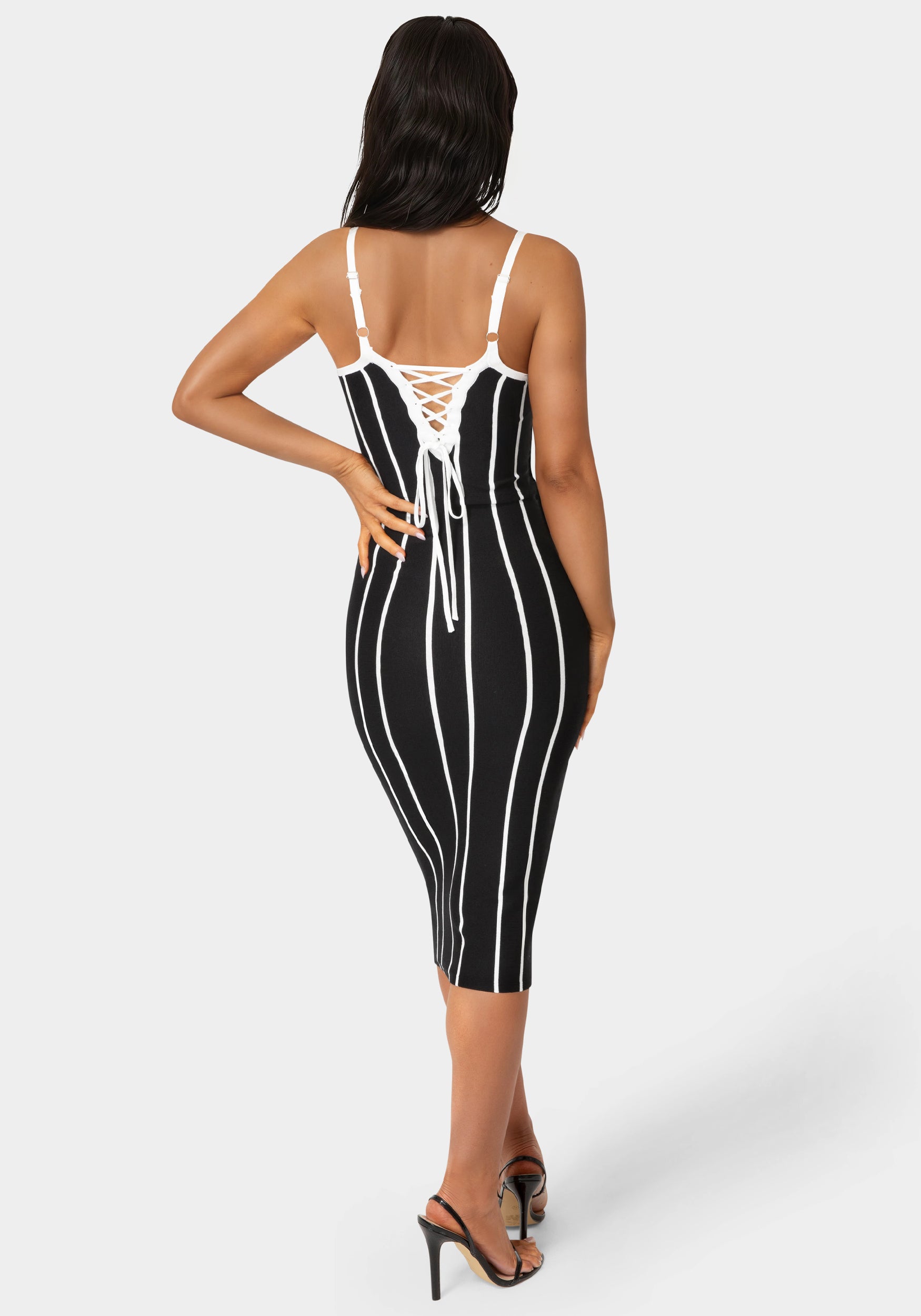 Back View-Striple Knit Bodycon Midi Dress-Black/White