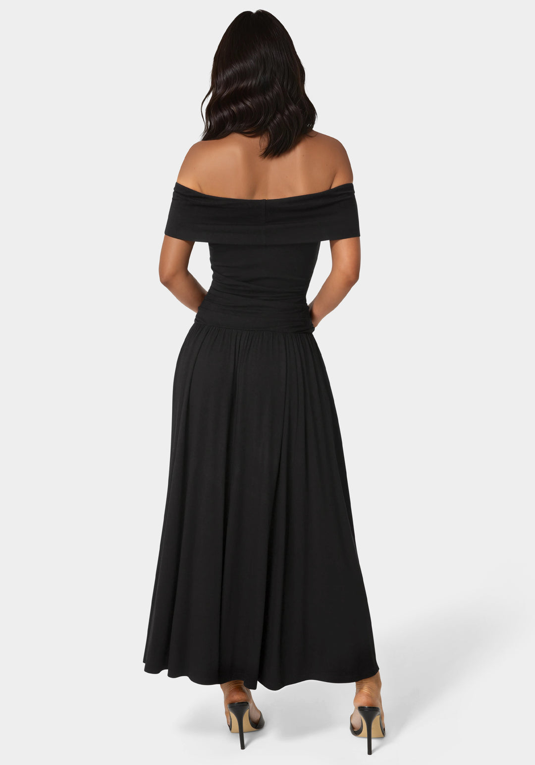 Back View-Off the Shoulder Drop Waist Maxi Dress-Black