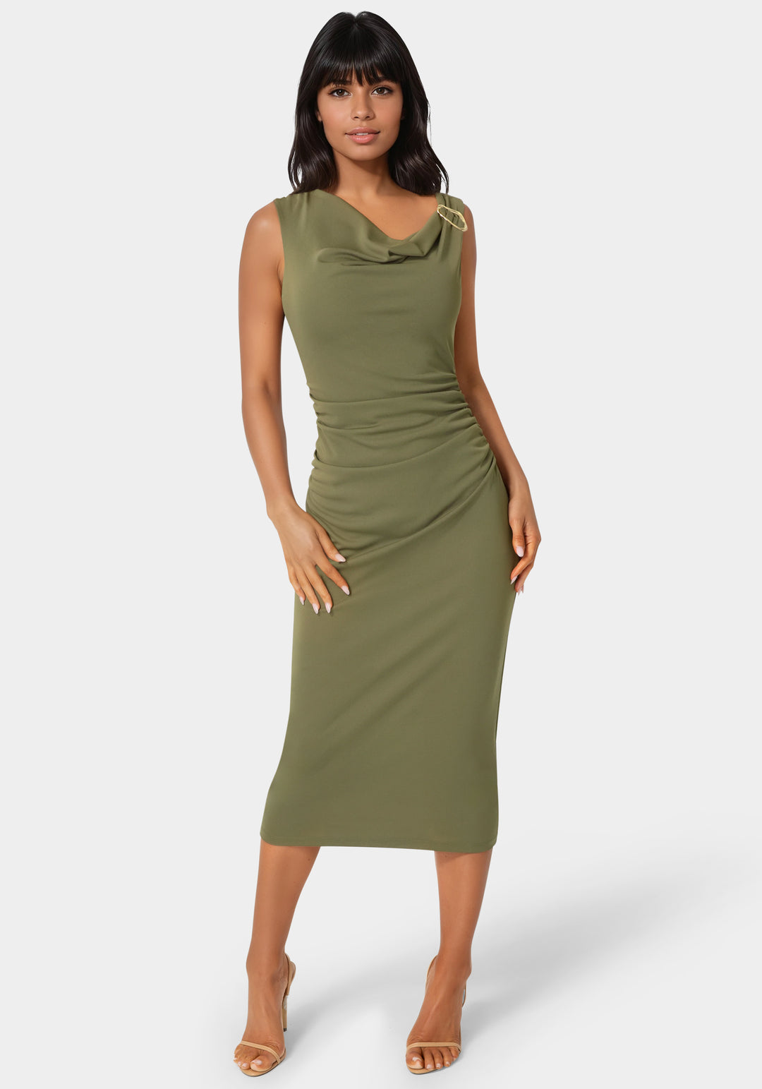 Front View-One Shoulder Trim Strap Midi Dress-Olive