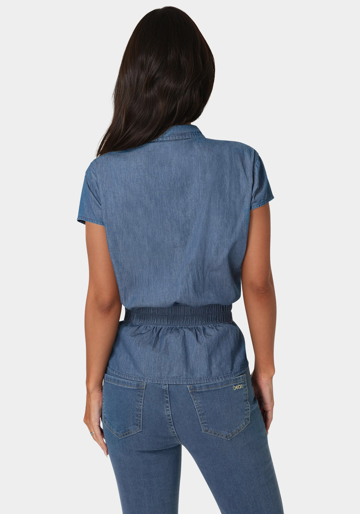 Back View-The Ruched Shirt-MEDIUM BLUE