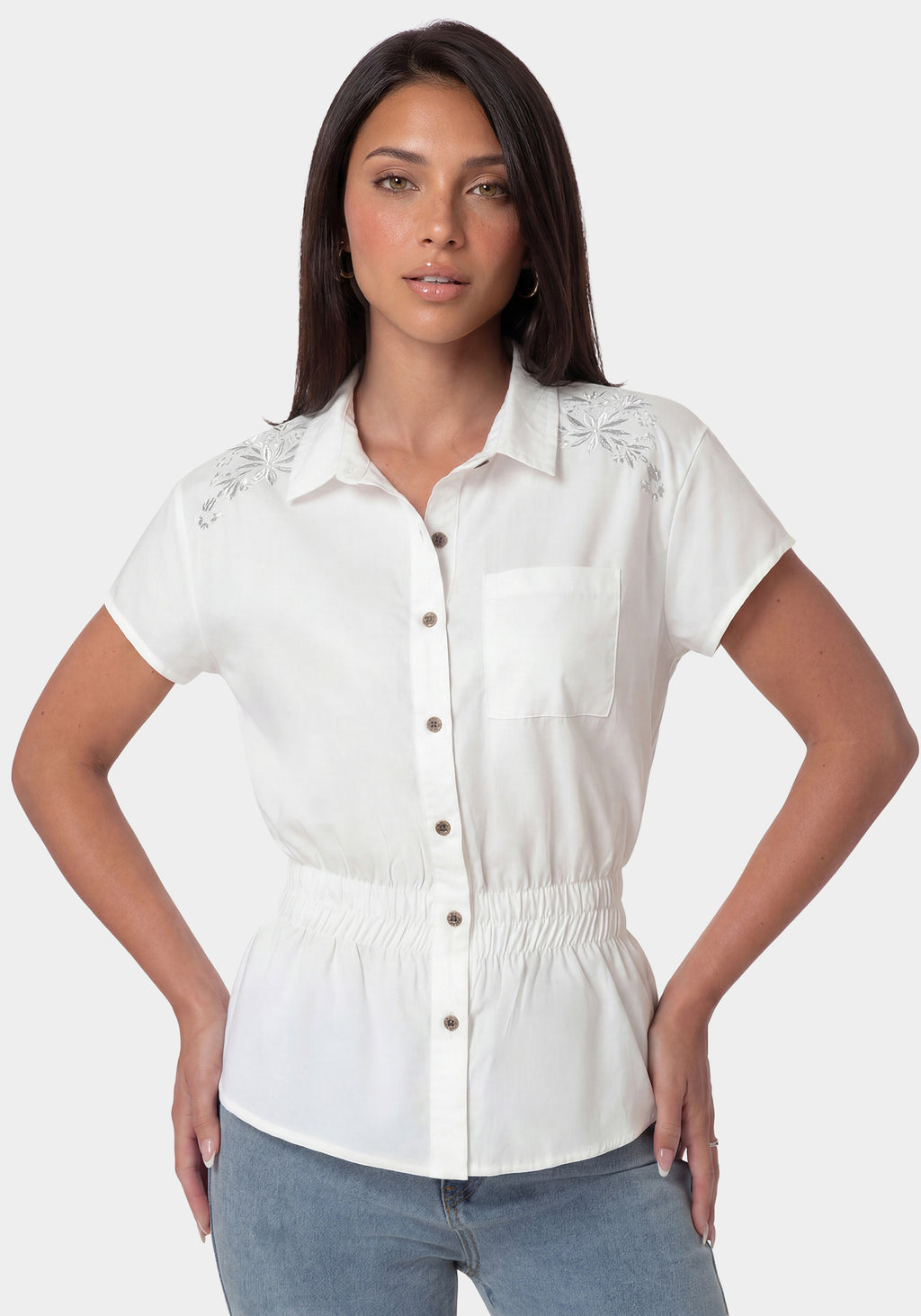 Front View-THE RUCHED WAIST SHIRT-WHITE