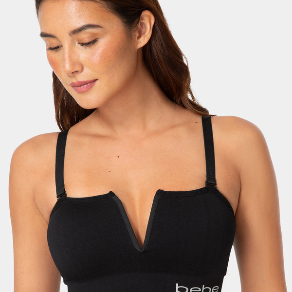 Front View-Strapless Wireless Plunge Bra - Convertible Padded-BLACK
