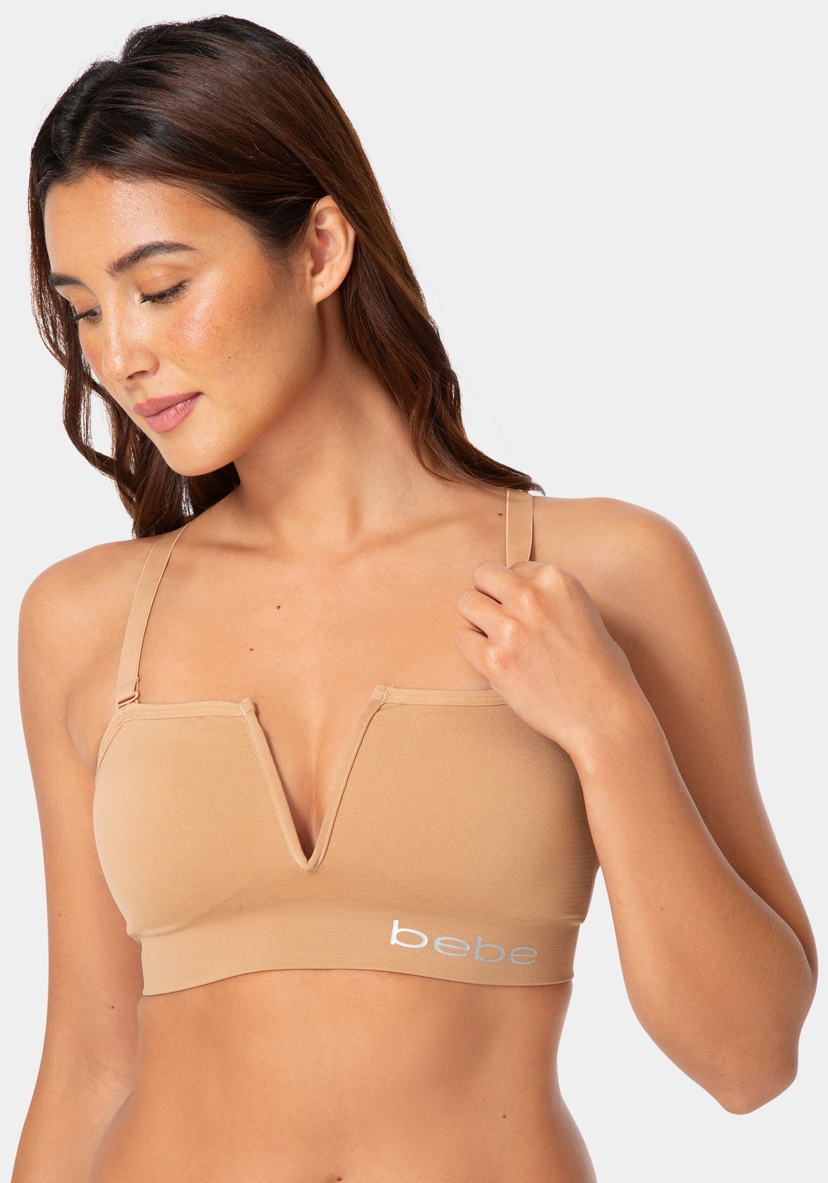 Front View-Strapless Wireless Plunge Bra - Convertible Padded-TOFFEE