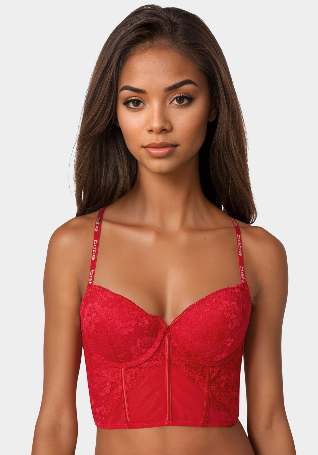 Front View-Tag Free Longline Lace And Mesh Bra-Crimson Red