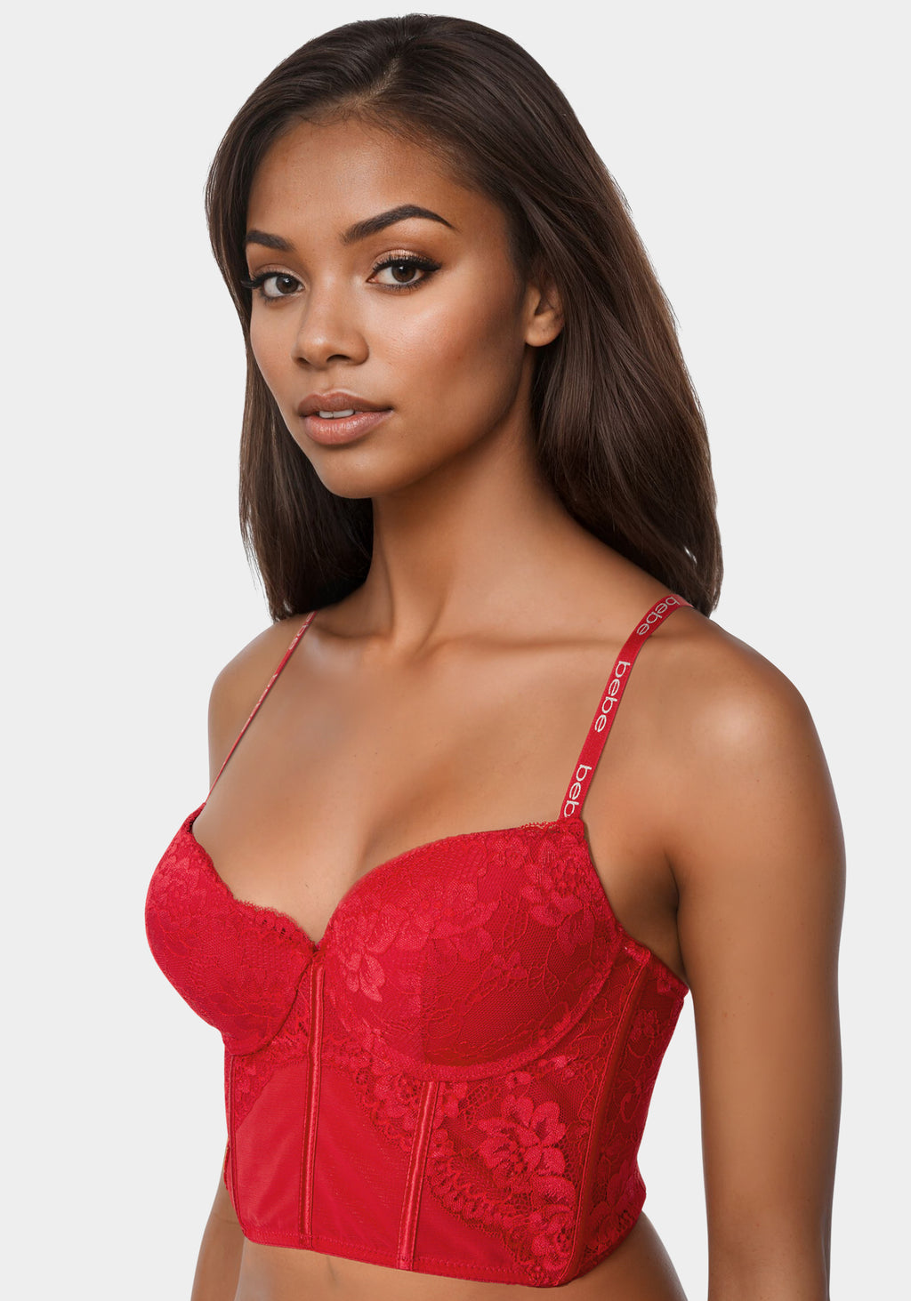 Side View-Tag Free Longline Lace And Mesh Bra-Crimson Red