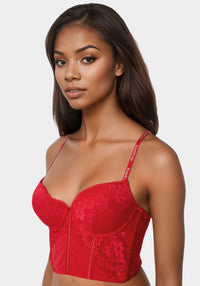 Side View-Tag Free Longline Lace And Mesh Bra-Crimson Red