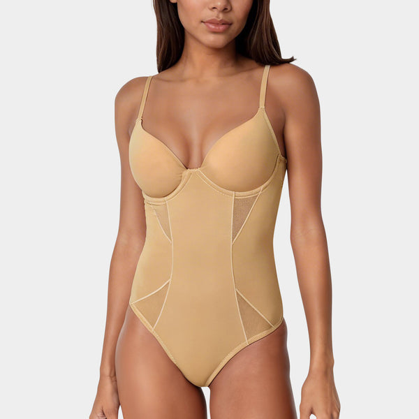 Front View-Micro Powermesh Shape Bodysuit-Caramel