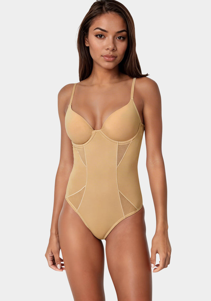Front View-Micro Powermesh Shape Bodysuit-Caramel