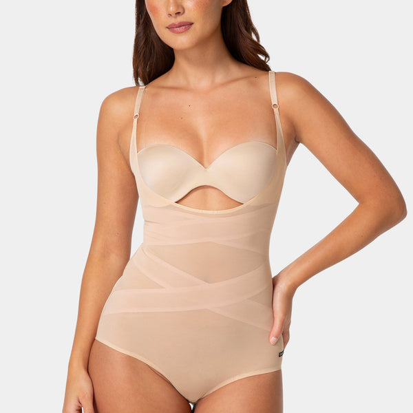 Front View-Firm-Control Power Mesh Shaping Bodysuit-SOFT NUDE