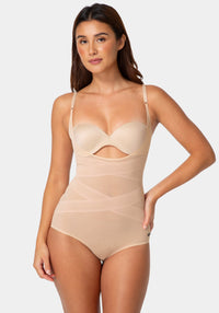 Front View-Firm-Control Power Mesh Shaping Bodysuit-SOFT NUDE