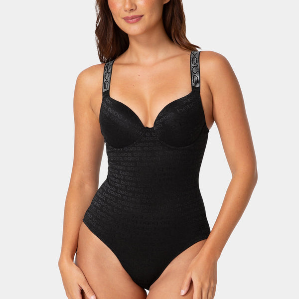Front View-Push-Up Shaping Bodysuit with Built-In Bra-BLACK