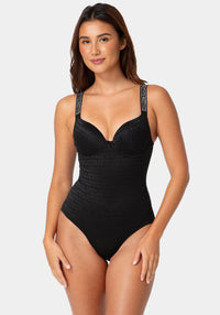 Front View-Push-Up Shaping Bodysuit with Built-In Bra-BLACK