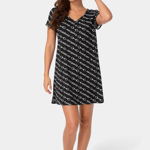 Front View-Nightgown Sleep Shirt Dress-BLACK WHITE