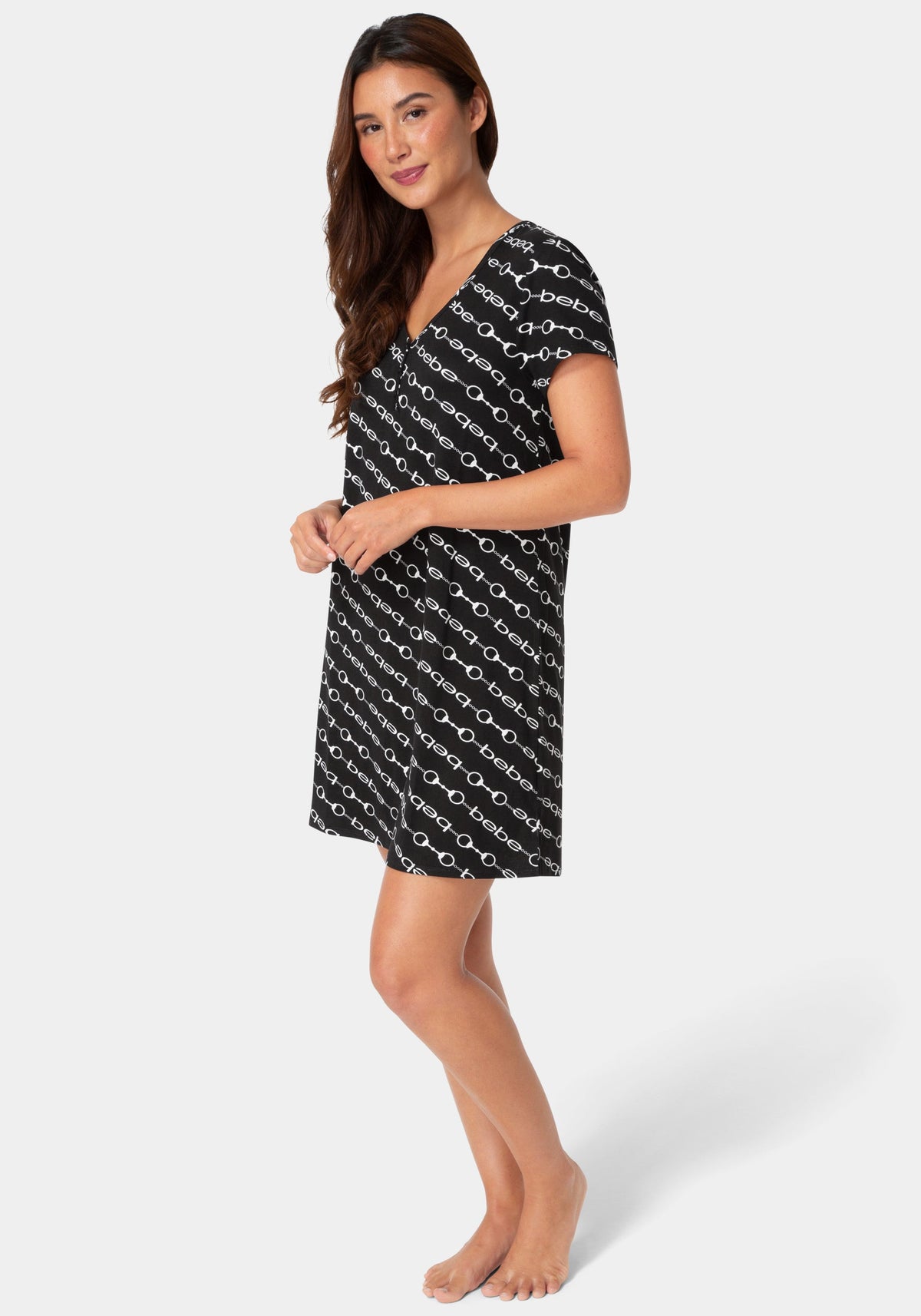 Side View-Nightgown Sleep Shirt Dress-BLACK WHITE