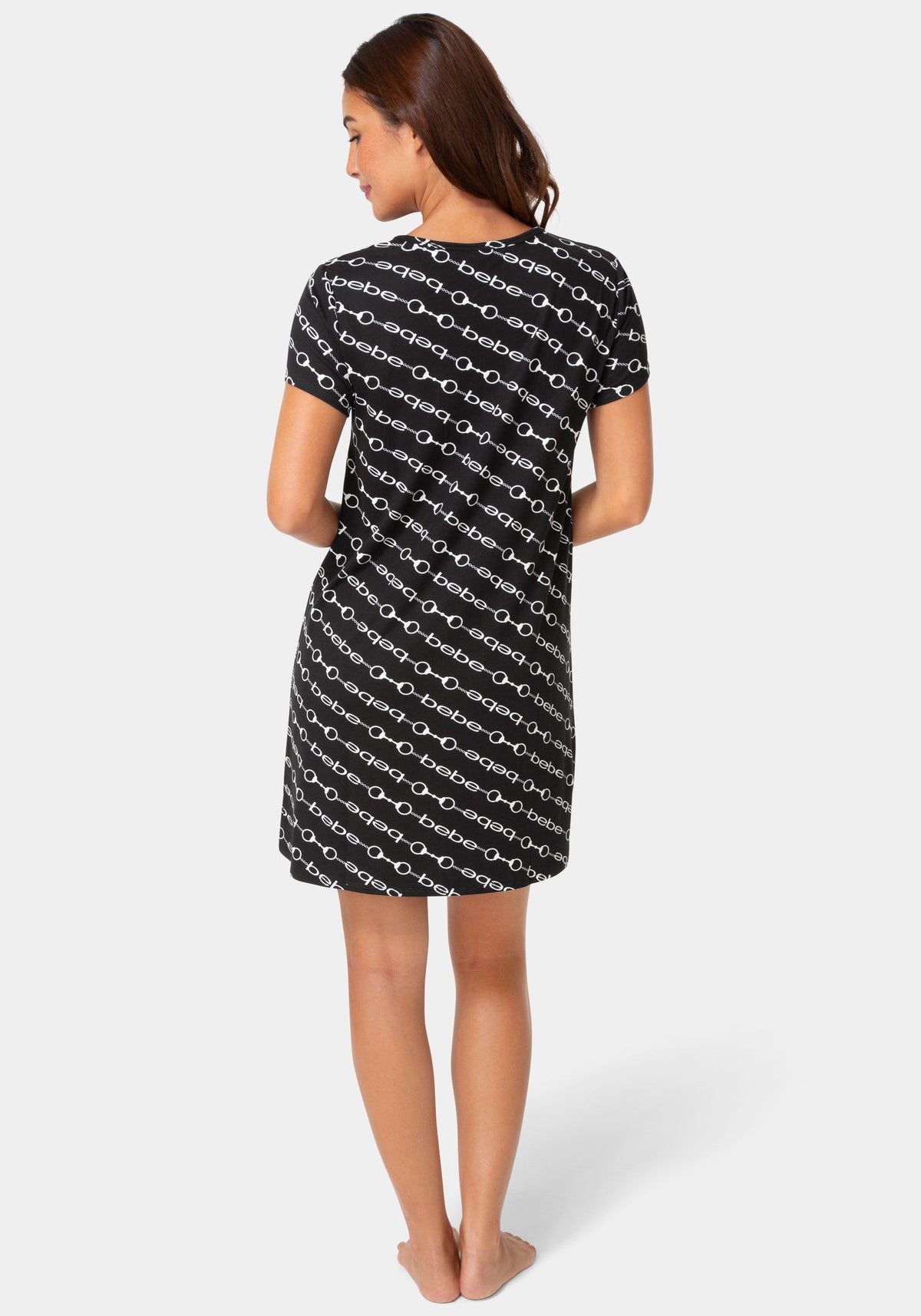 Back View-Nightgown Sleep Shirt Dress-BLACK WHITE