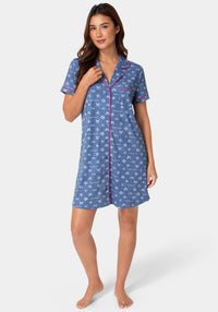 Front View-Notch Collar Nightgown - Sleep Shirt Dress-DENIM