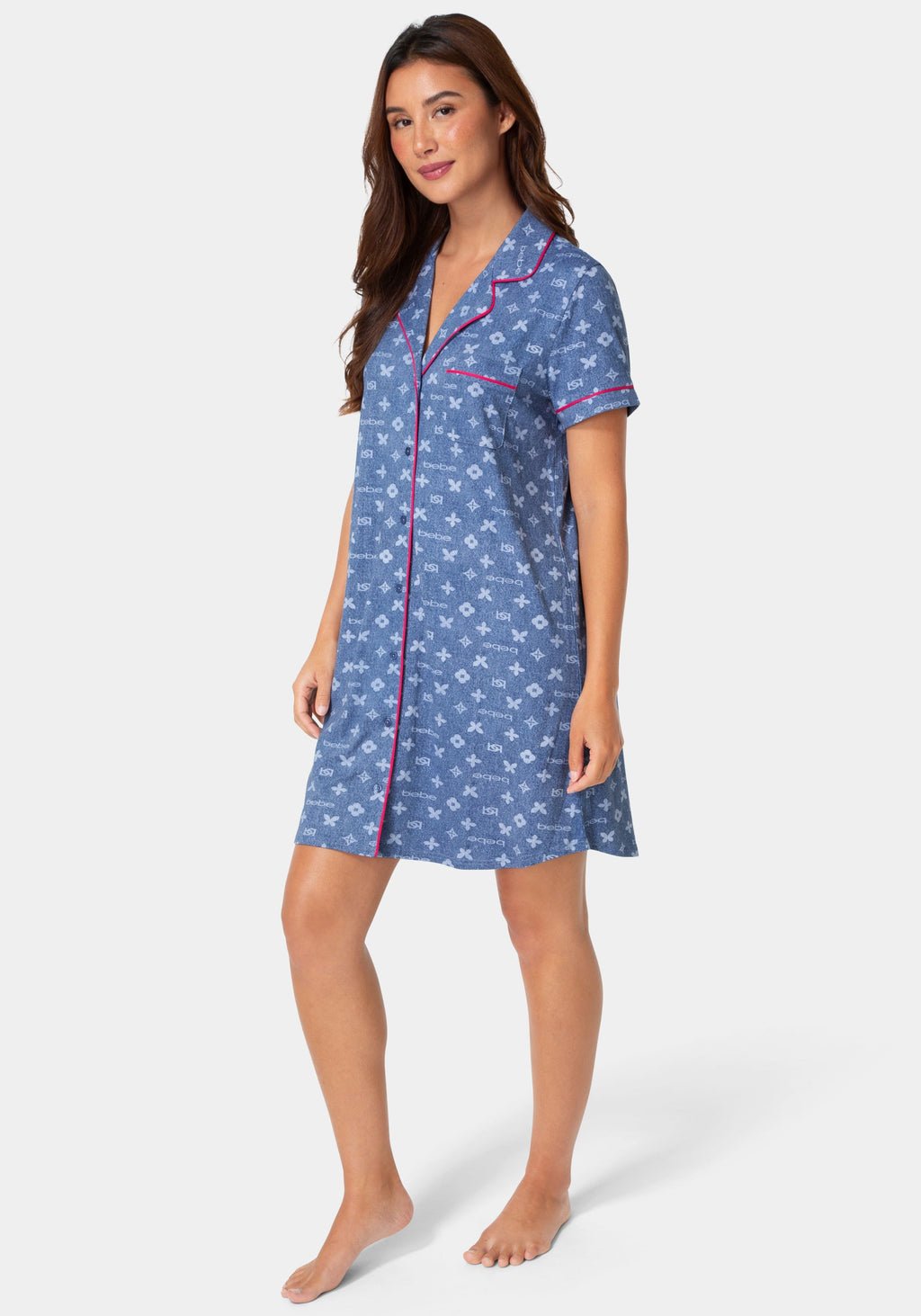 Side View-Notch Collar Nightgown - Sleep Shirt Dress-DENIM