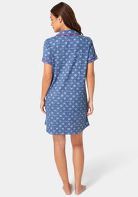 Back View-Notch Collar Nightgown - Sleep Shirt Dress-DENIM