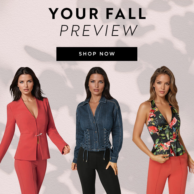 Three women modeling fall clothing with promotional text 'Your Fall Preview' and 'Shop Now'.