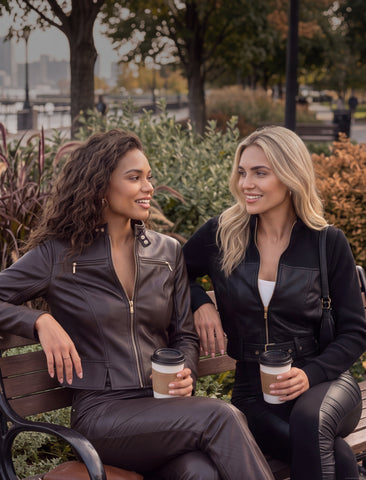 Two women sitting on a park bench wearing matching black faux leather jackets and pants sets, holding takeaway coffee cups.
