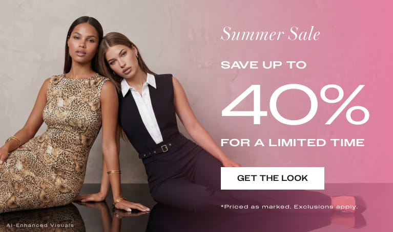 Two women modeling summer fashion next to a pink background featuring a "Summer Sale" advertisement with text reading "Save up to 40% for a limited time" and a "Get the look" button.