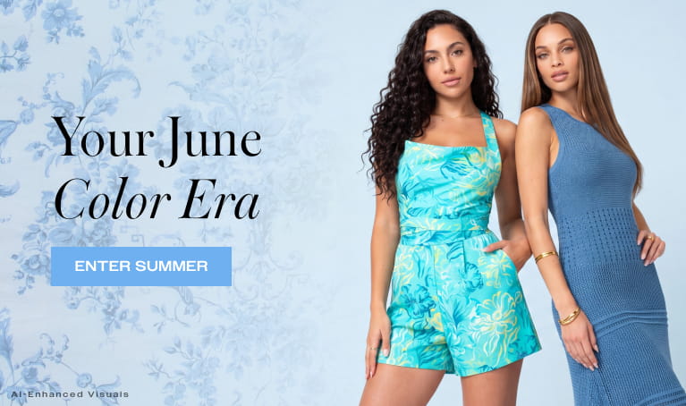 Two women modeling summer outfits next to the text "Your June Color Era: Enter Summer". The woman on the left wears a blue and green floral print Drapey Neckline Flowy Romper, and the woman on the right wears a sleeveless, blue Crochet Tank Sweater Dress against a light blue patterned background.