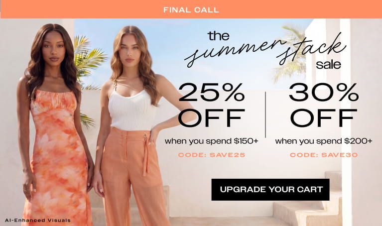 Two women modeling dresses next to palm trees for the last day of bebe Summer Stack Sale, featuring 25% off orders over $150+ with code SAVE25 and 30% off orders over $200+ with code SAVE30