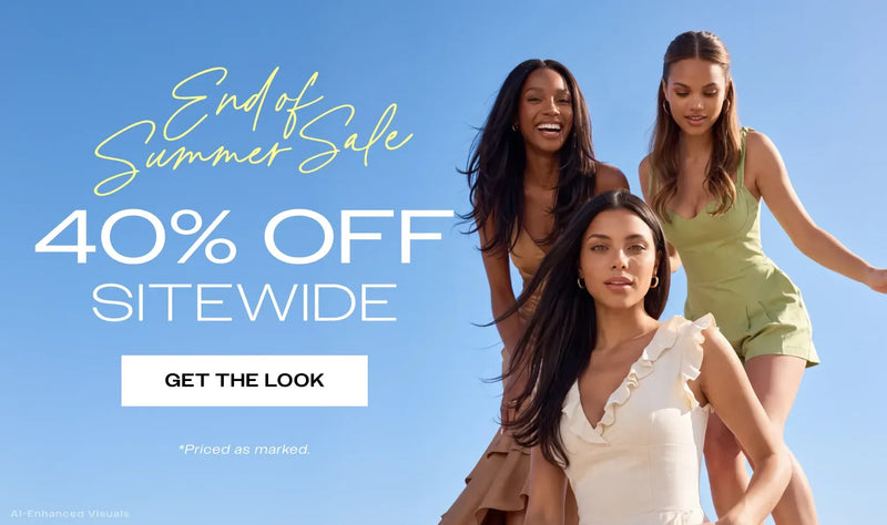 Promotional summer sale graphic with three women outdoors against a bright blue sky, wearing light-colored dresses. Large text reads 'End of Summer Sale', '40% OFF SITEWIDE', and 'GET THE LOOK'.