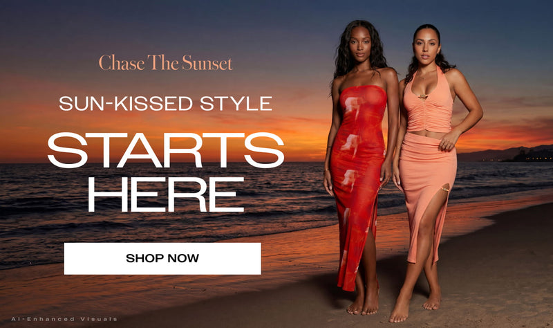 Two women standing on a beach at sunset wearing sleeveless fashion dresses. Overlay text reads: Chase The Sunset, Sun-Kissed Style Starts Here, Shop Now.