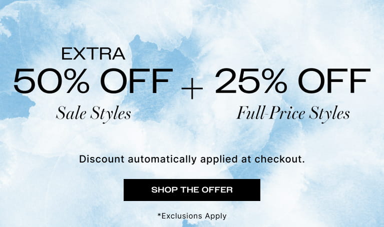 Extra 50% off sale styles and 25% off full-price styles promotion banner with text 'Discount automatically applied at checkout. Shop the offer.