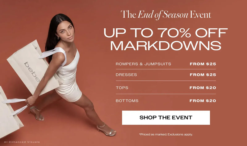 Promotional banner for a End of Season Sale event with a woman in a white dress carrying shopping bags against a terracotta background, alongside text offering up to 70% off markdowns on rompers, jumpsuits, dresses, tops, and bottoms.